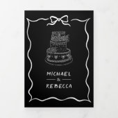 Black Hand Drawn White Bow QR Code Photo Wedding 三つ折り招待状 (カバー)