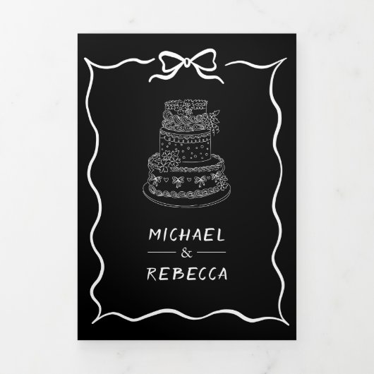 Black Hand Drawn White Bow QR Code Photo Wedding 三つ折り招待状 (カバー)