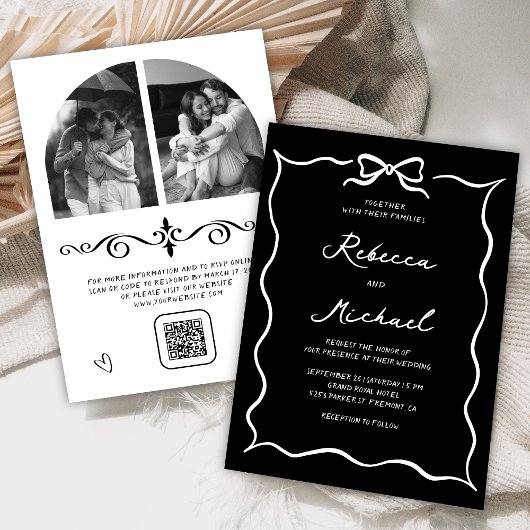 Black Hand Drawn White Bow QR Code Photo Wedding 招待状