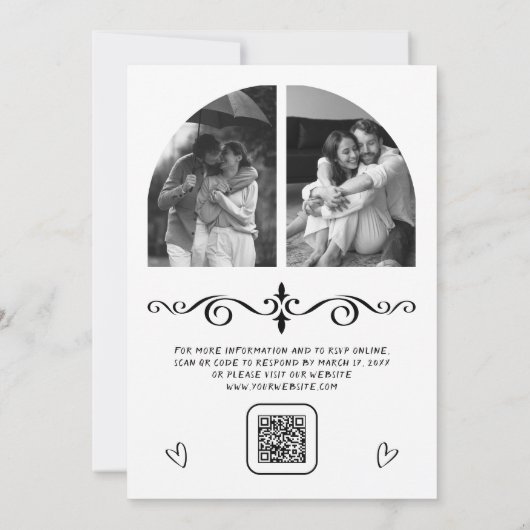 Black Hand Drawn White Bow QR Code Photo Wedding 招待状 (裏面)
