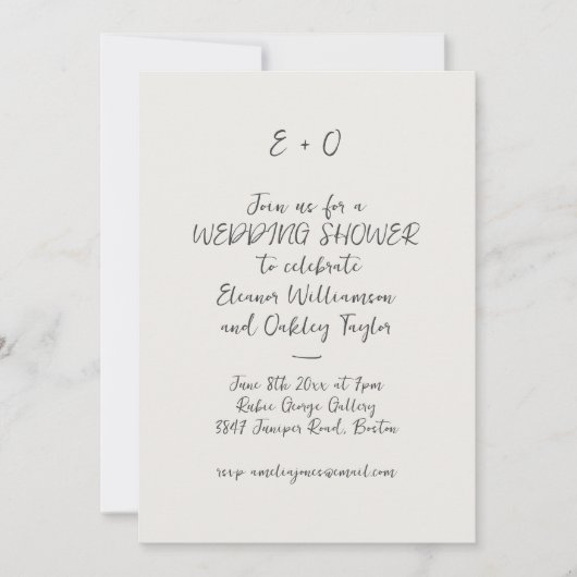 Black Handwritten Script Initials Wedding Shower 招待状 (正面)