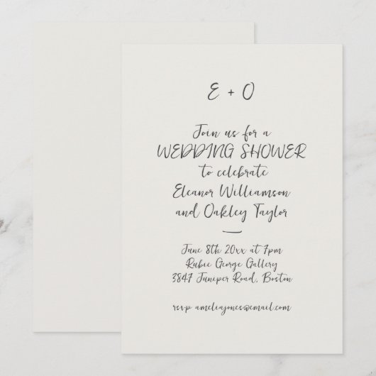Black Handwritten Script Initials Wedding Shower 招待状 (正面/裏面)
