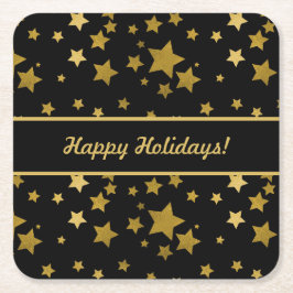 Black Happy Holidays Coaster with Golden Stars スクエアペーパーコースター