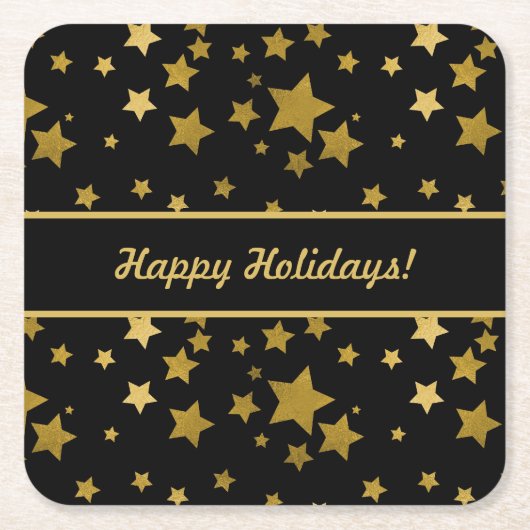 Black Happy Holidays Coaster with Golden Stars スクエアペーパーコースター (正面)