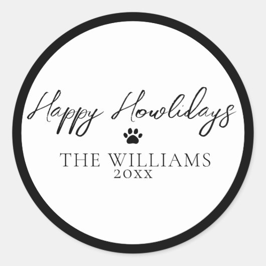 Black Happy Howlidays Paw Print Round Sticker ラウンドシール (正面)