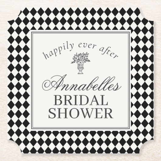 Black Harlequin Checkered Bridal Shower ペーパーコースター (正面)