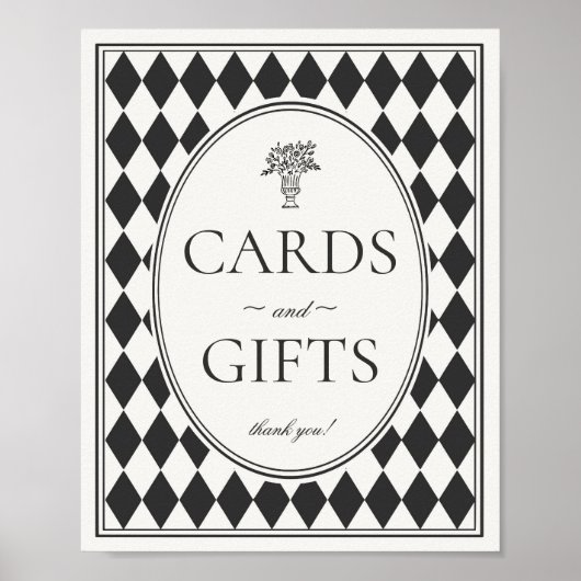 Black Harlequin Checkered Cards and Gifts Sign ポスター (正面)