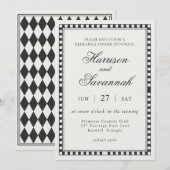 Black Harlequin Checkered Rehearsal Dinner 招待状 (正面/裏面)