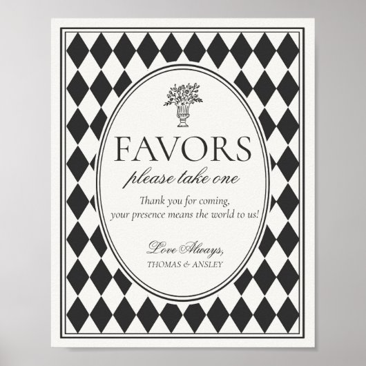 Black Harlequin Checkered Wedding Favors Sign ポスター (正面)