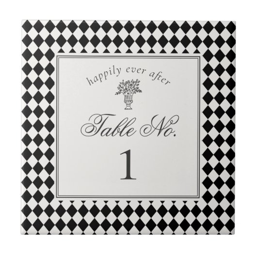 Black Harlequin Checkered Wedding Table Number タイル (正面)