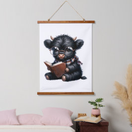 Black Highland Cow Reading A Book 吊り下げ型タペストリー