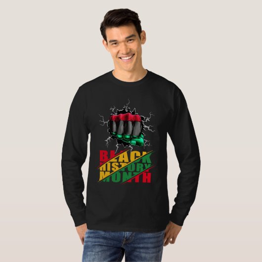 Black History Month BHM Afro Pride Hand Fist Black Tシャツ (正面フル)