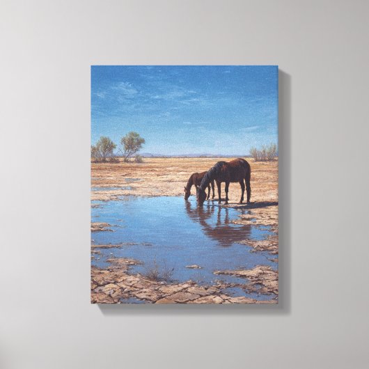 Black Horse Desert Water Reflection Art キャンバスプリント (正面)