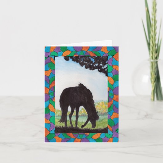 Black Horse Silhouette Faux Stained Glass Border  サンキューカード (正面)