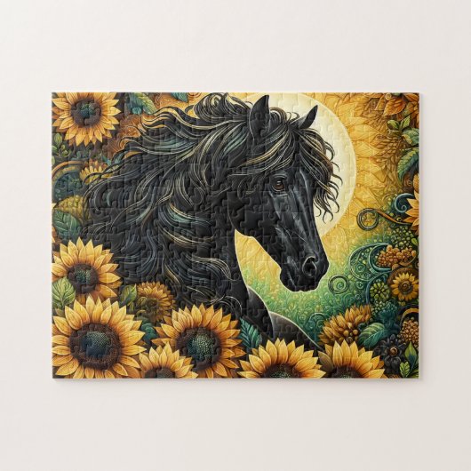 Black Horse Sunflowers ジグソーパズル (横)