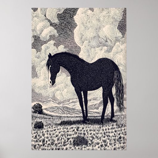 Black Horse Wall Art Graphic Ink Drawing ポスター (正面)