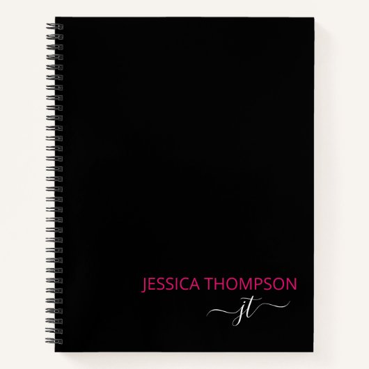 Black Hot Pink モダン シンプル Script Monogram Name ノートブック (正面)