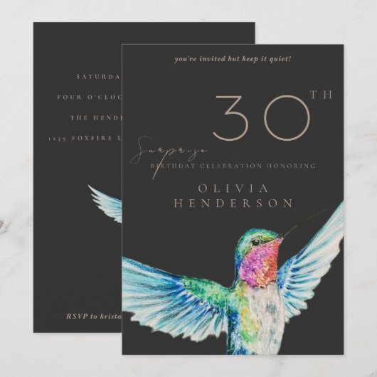 Black Hummingbird ANY Surprise Birthday Invitation 招待状 (正面/裏面)