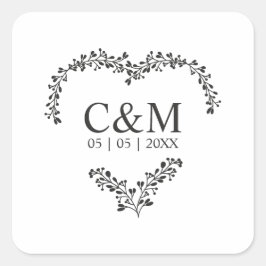 Black Initial On a Branches Heart スクエアシール