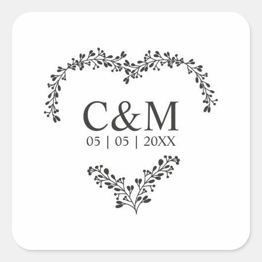 Black Initial On a Branches Heart スクエアシール (正面)