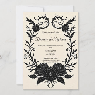 Black Ink Floral Vintage Goth Wedding 招待状