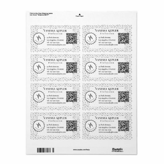 Black ink Polka dot Monogram Minimalist Modern. ラベル (フルシート)