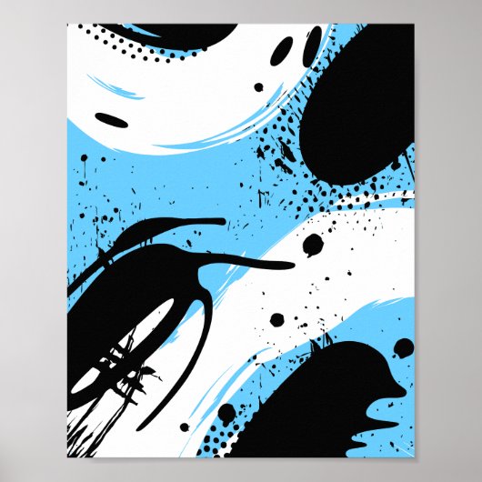 Black Ink Splashes on a Blue & White Background ポスター (正面)