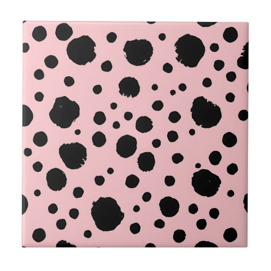 Black Ink Spots Pink Polka Pattern タイル (正面)