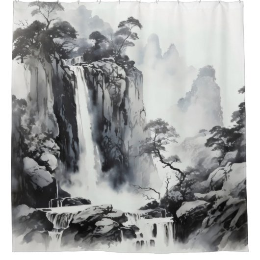 Black Ink Waterfall シャワーカーテン (正面)