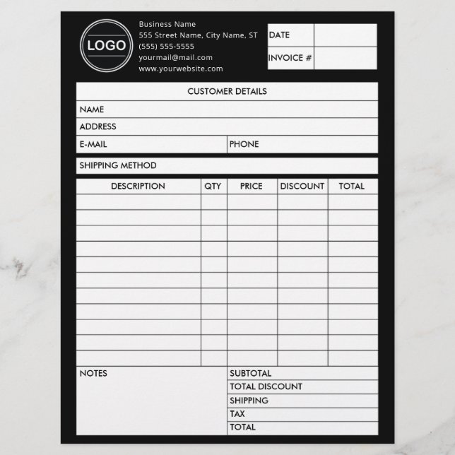 Black Invoice Business Sales Logo Form Receipt レターヘッド (正面)