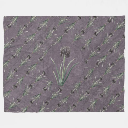 Black Iris on an antique tapestry フリースブランケット (正面(横))