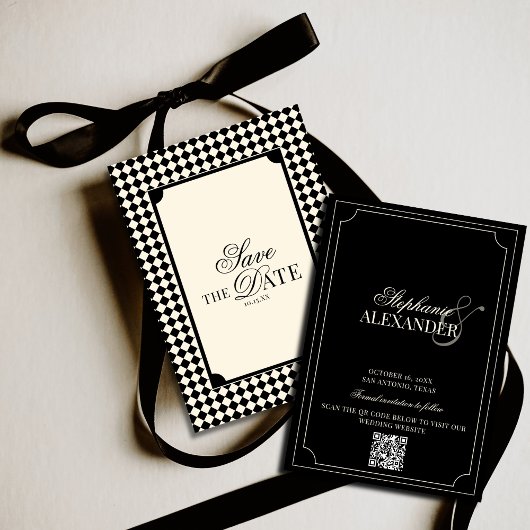 Black & Ivory Checkered Old Money QR Code Wedding セーブザデート