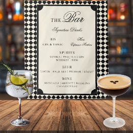 Black Ivory Checks Old Money Wedding Bar Menu Sign タペストリー
