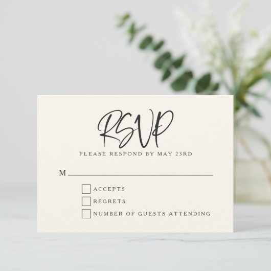 Black Ivory Cream Modern Script Lettering Wedding 出欠カード (スタンド正面)