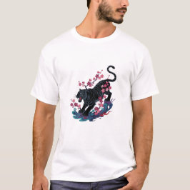 Black Japanese Tiger & Cherry Blossoms Tシャツ