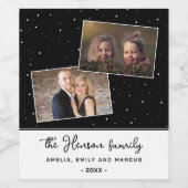 Black Joyful Script Holiday Family 2 Photo ワインラベル (シングルラベル)