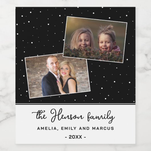 Black Joyful Script Holiday Family 2 Photo ワインラベル (シングルラベル)