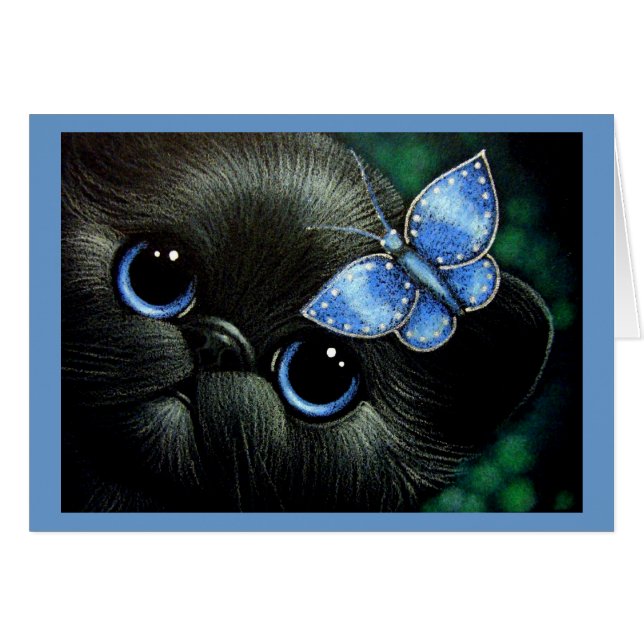 BLACK KITTEN CAT WITH BLUE BUTTERFLY  CARD (正面横)