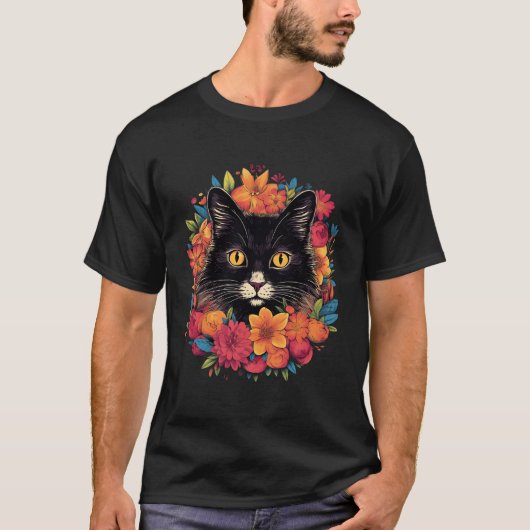 Black Kitten Encircled By Flowers Owner Garden Tシャツ (正面)