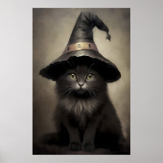 Black Kitten In A Witch's Hat Print, Halloween Cat ポスター