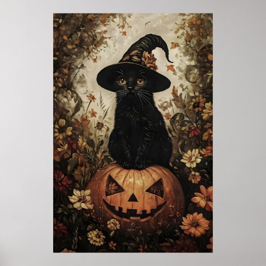 Black Kitten In A Witch's Hat With Pumpkin Print ポスター (正面)