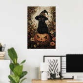 Black Kitten In A Witch's Hat With Pumpkin Print ポスター (ホームオフィス)