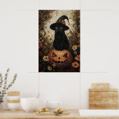 Black Kitten In A Witch's Hat With Pumpkin Print ポスター (キッチン)