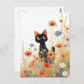 Black Kitten in Orange and Blue Wildflower Meadow ポストカード (正面/裏面)
