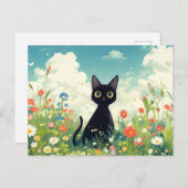 Black Kitten in Sunny Wildflower Summer Meadow ポストカード (正面/裏面)