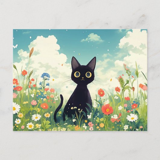 Black Kitten in Sunny Wildflower Summer Meadow ポストカード (正面)