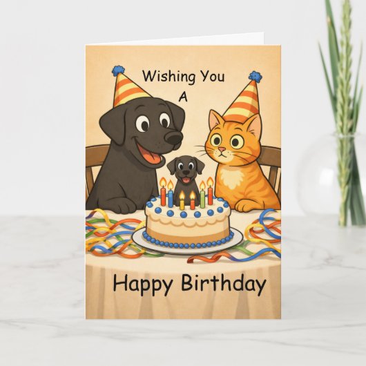 Black Lab & Cat Birthday Card – Happy Birthday カード (正面)