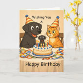 Black Lab & Cat Birthday Card – Happy Birthday カード (黄色い花)