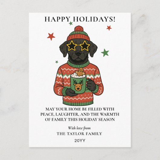 Black Lab Dog Ugly Sweater Christmas シーズンポストカード (正面)