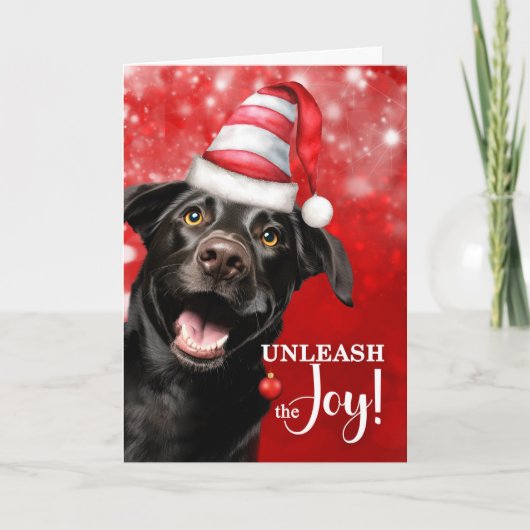 Black Lab Dog Unleash the Joy Christmas シーズンカード (正面)